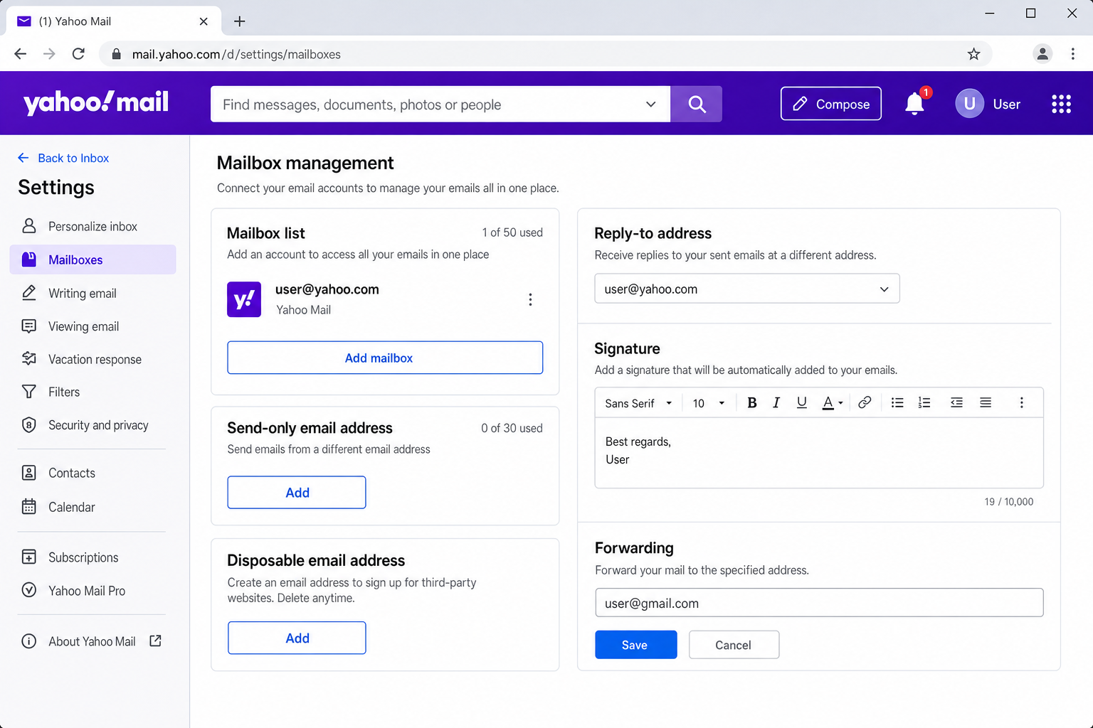 Yahoo Mail Settings > Mailboxes page showing the Forwarding field with a destination address entered