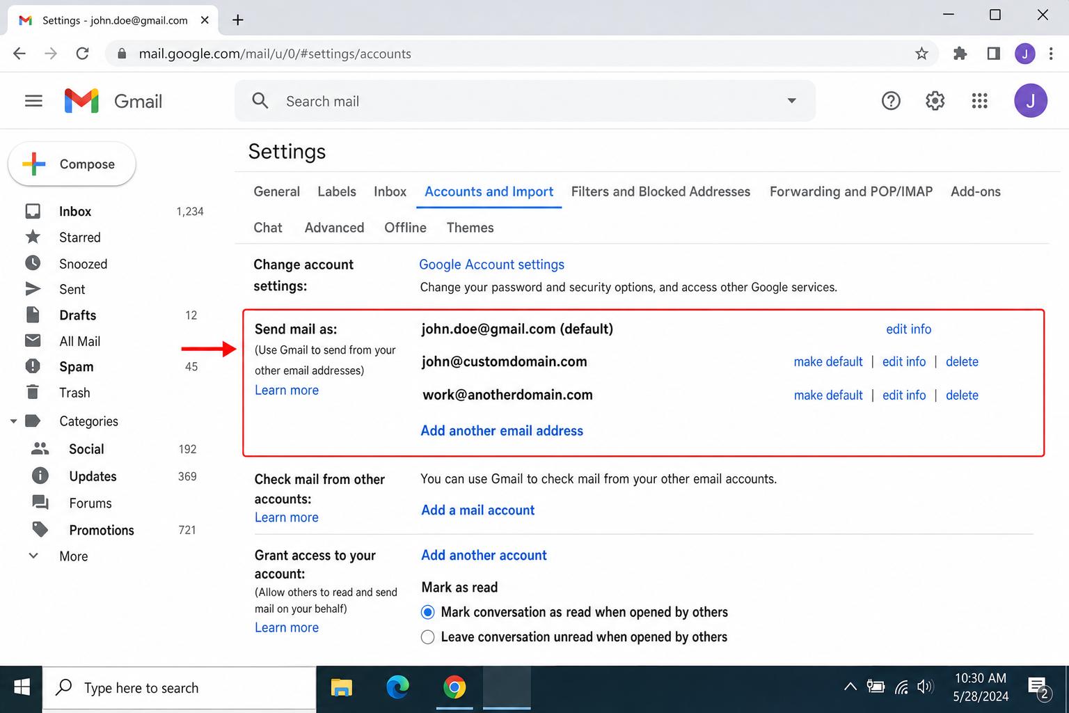 Gmail Send As settings page showing multiple email addresses configured