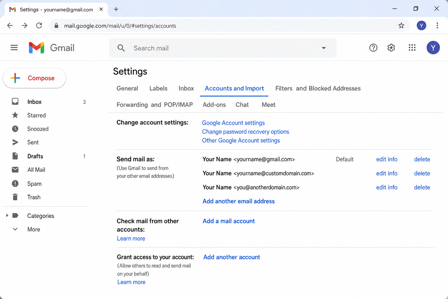 Gmail Settings > Accounts and Import tab showing the Send mail as section with multiple addresses listed and Add another email address link