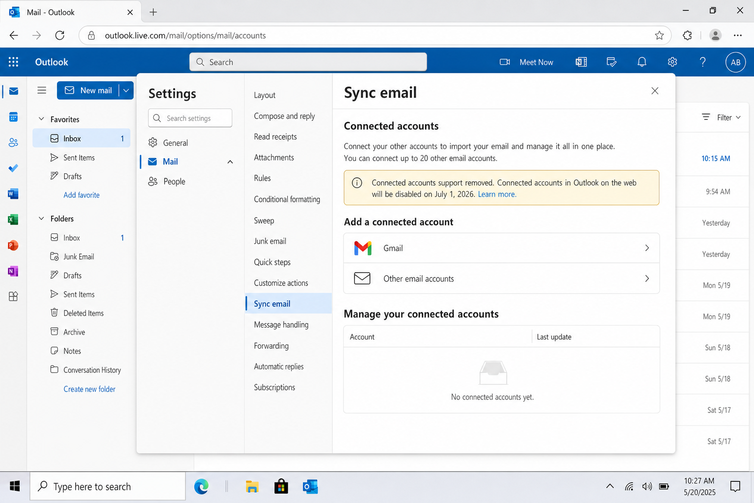 Outlook.com Settings > Mail > Sync email page showing Connected accounts section with option to add Gmail or other email accounts
