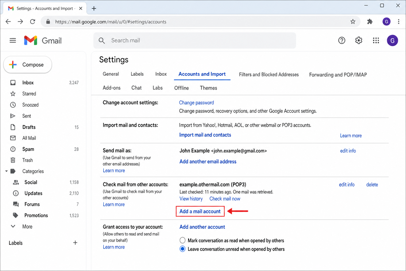 Gmail Settings > Accounts and Import tab showing Check mail from other accounts section with Add a mail account link