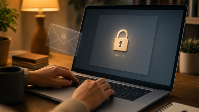Person typing on a laptop displaying an encrypted lock icon, suggesting secure email data. - how-to-send-secure-encrypted-email-for-free-featured-1