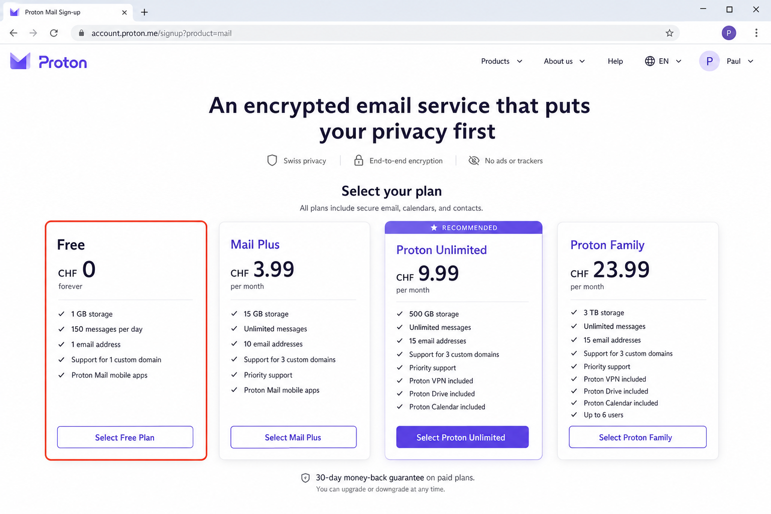 Proton Mail sign-up page showing the Free plan option highlighted during account creation