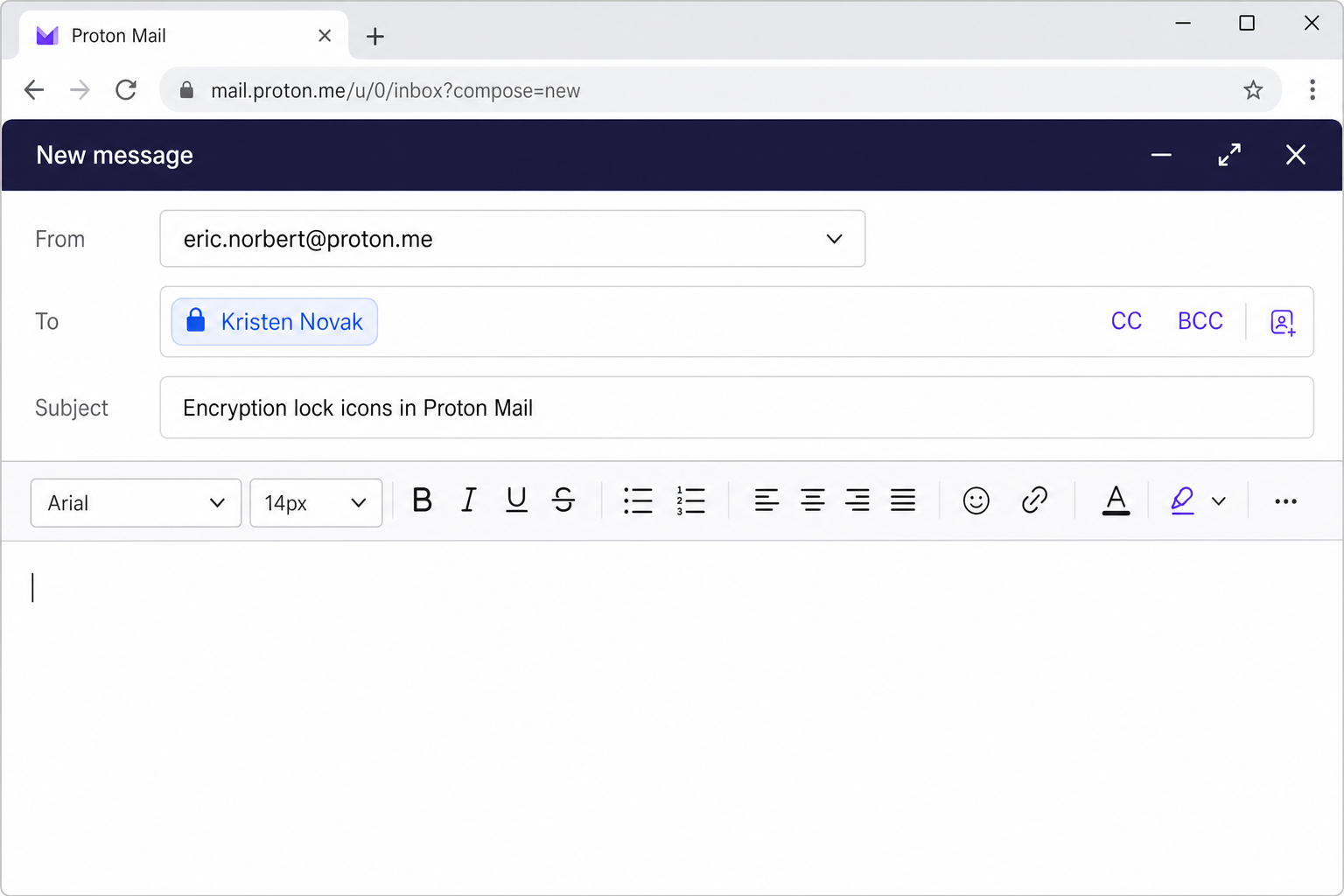 Proton Mail compose window with a recipient's Proton Mail address entered and the padlock icon visible confirming end-to-end encryption