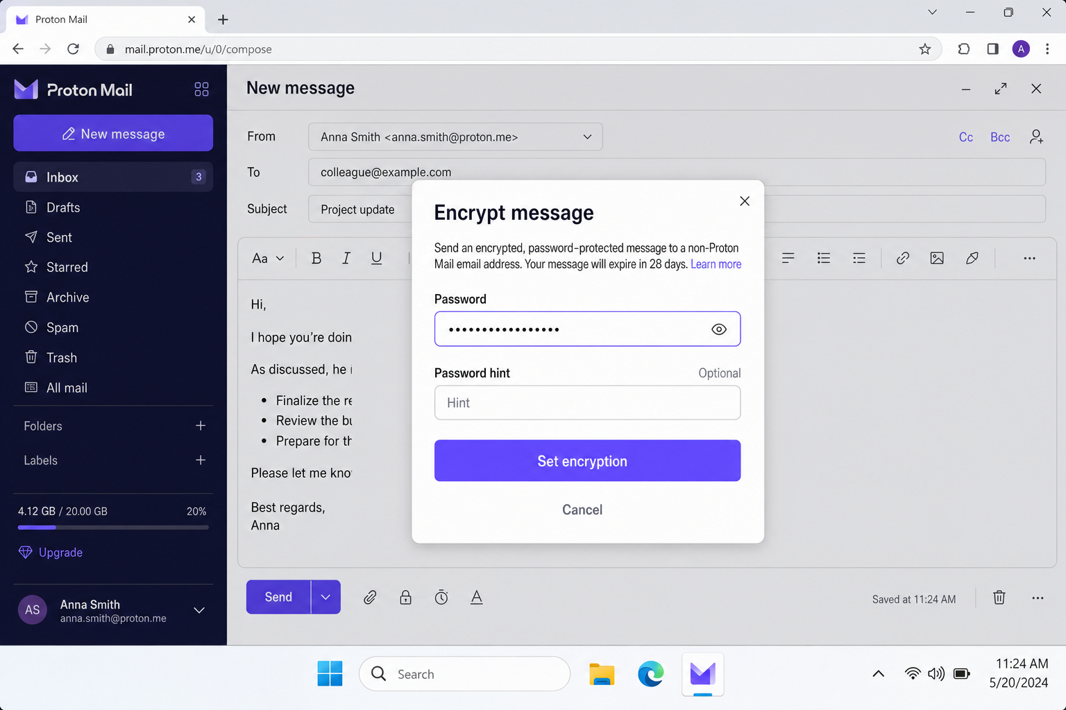 Proton Mail compose window showing the password-protection dialog with fields for setting a message password and expiry time