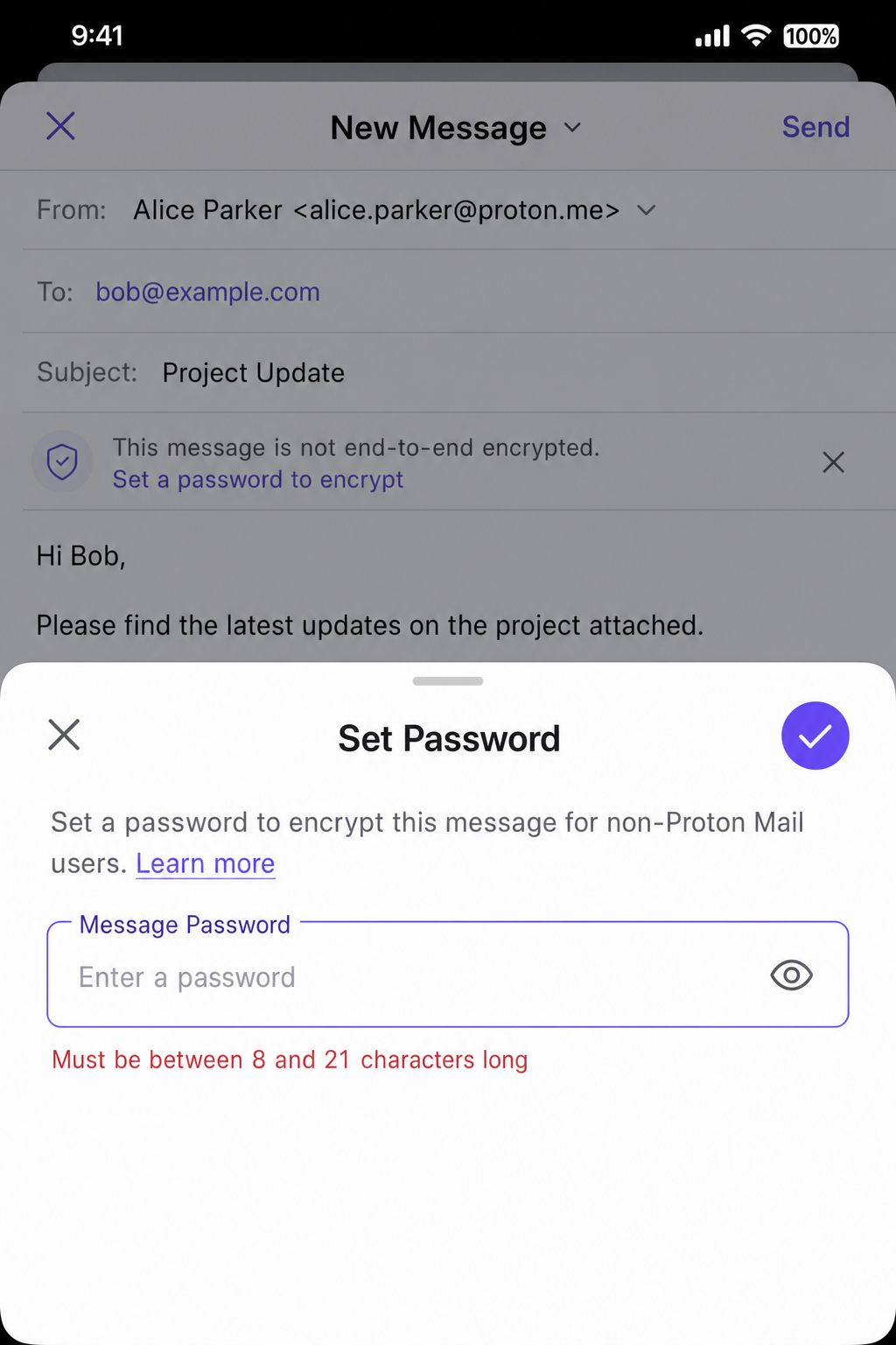 Proton Mail iOS app compose screen showing the lock icon for password-protecting a message to a non-Proton recipient