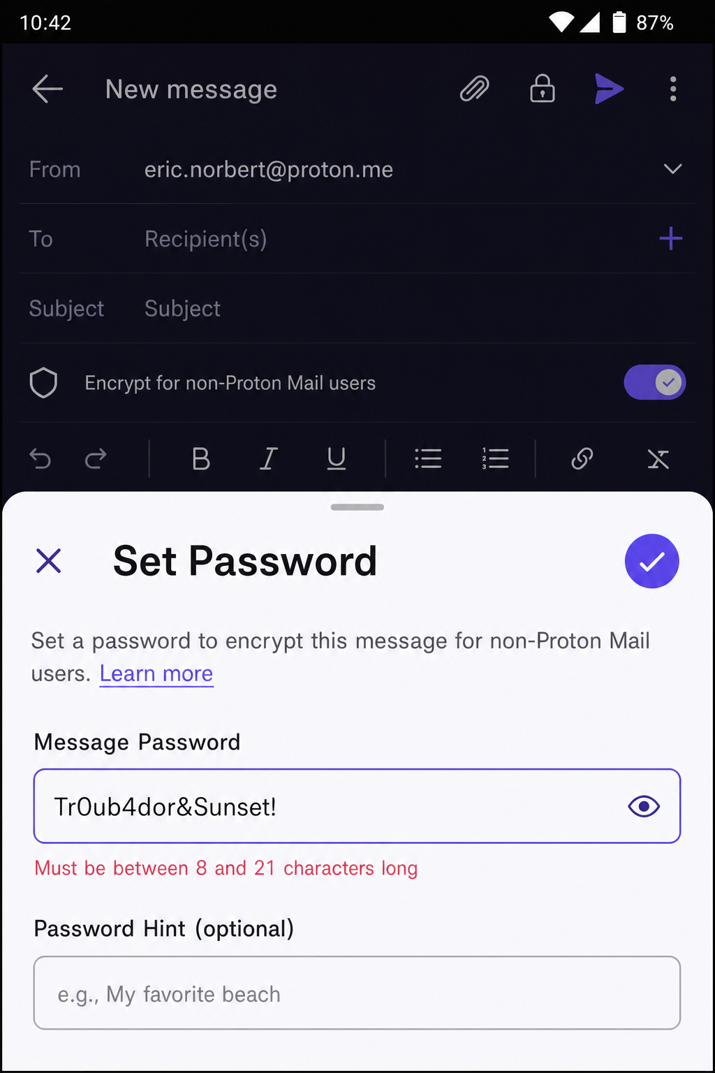 Proton Mail Android app compose screen with the lock/password option visible for encrypting messages to non-Proton users