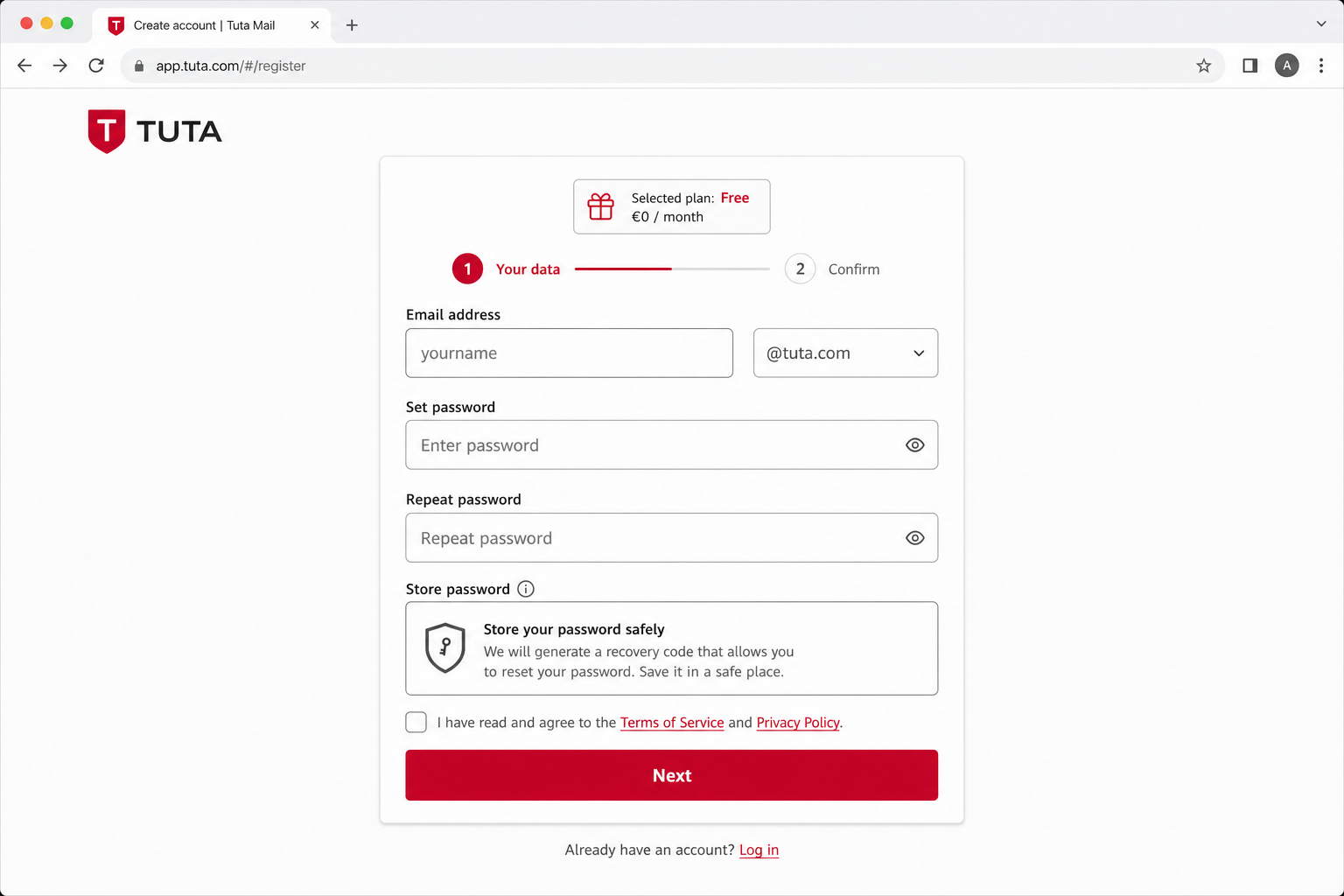 Tuta sign-up page showing the Free plan option during account creation