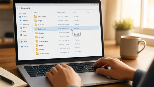 Open file explorer on a laptop showing the 'Design Assets' folder highlighted and a 2.4 GB tooltip, with hands typing on the keyboard. - how-to-view-the-total-windows-folder-size-in-explorer-featured