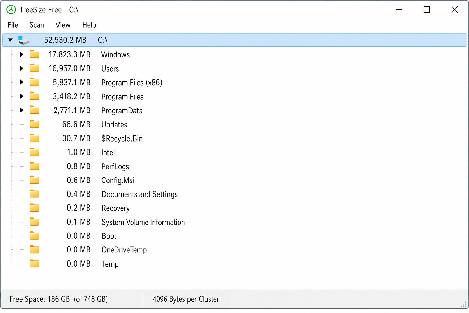 TreeSize Free showing a folder tree with sizes displayed next to each folder, sorted by size