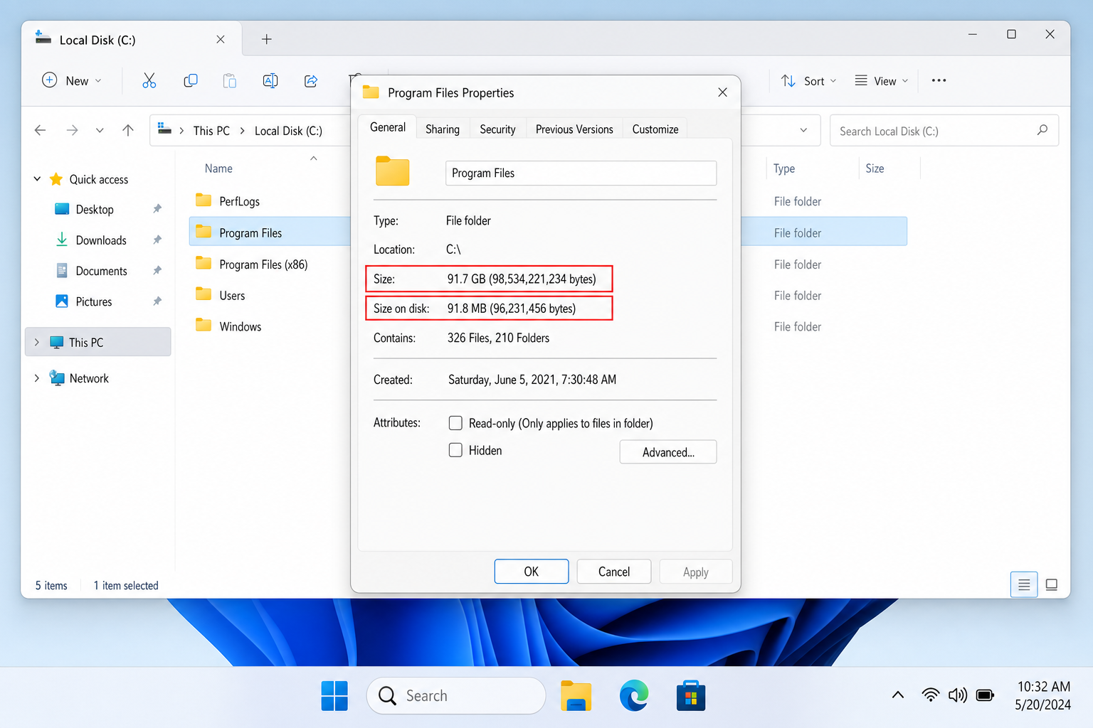 Windows 11 folder Properties dialog showing Size and Size on disk fields