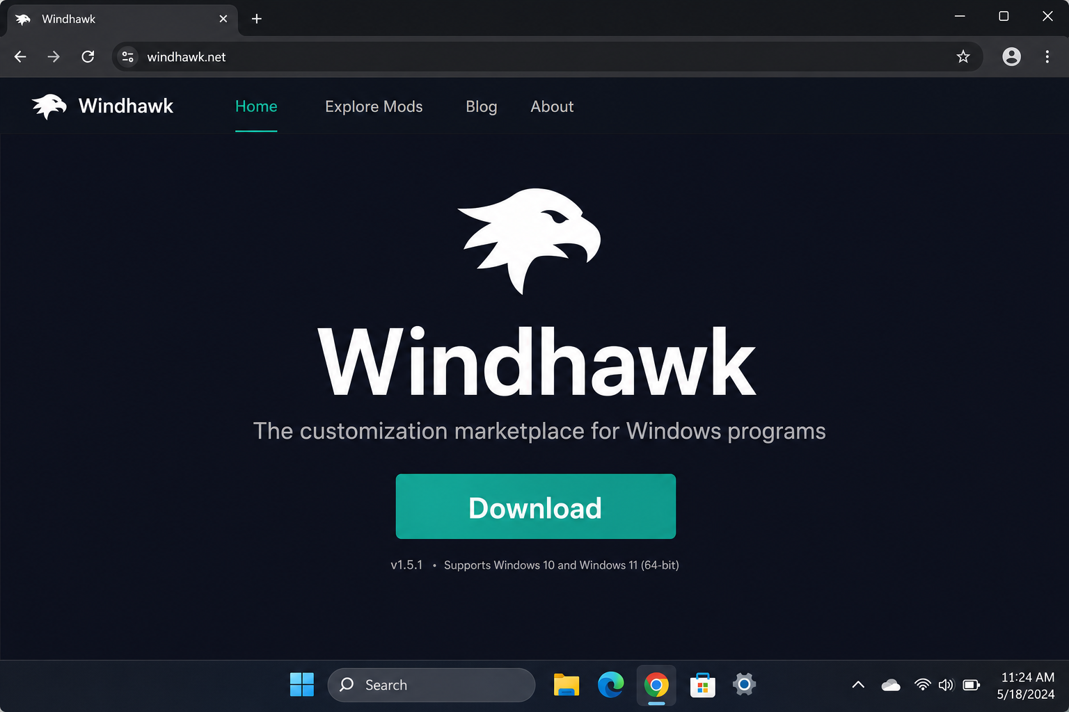 Windhawk homepage at windhawk.net with the Download button visible