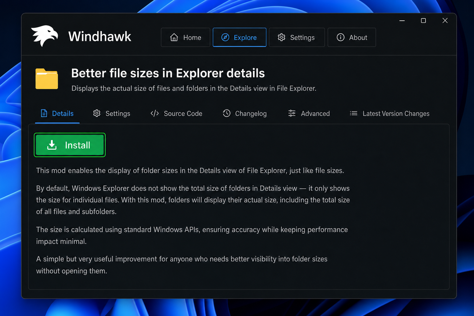 Windhawk app showing the Folder Size mod in the Explore tab with the Install button highlighted