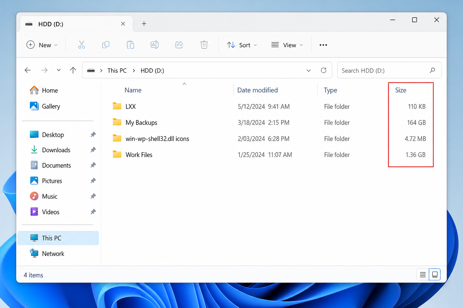 File Explorer in Details view with the column header right-click menu open showing Size option checked, with folder sizes visible in the Size column