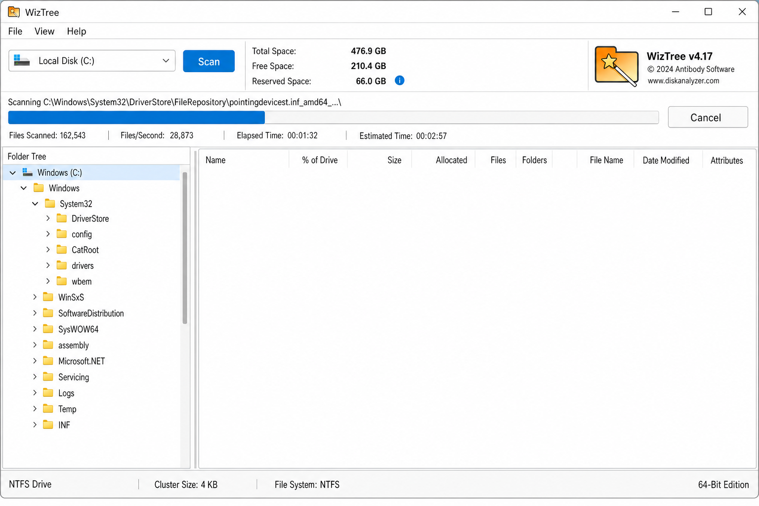 WizTree main window showing drive selection dropdown and Scan button, with a drive scan in progress