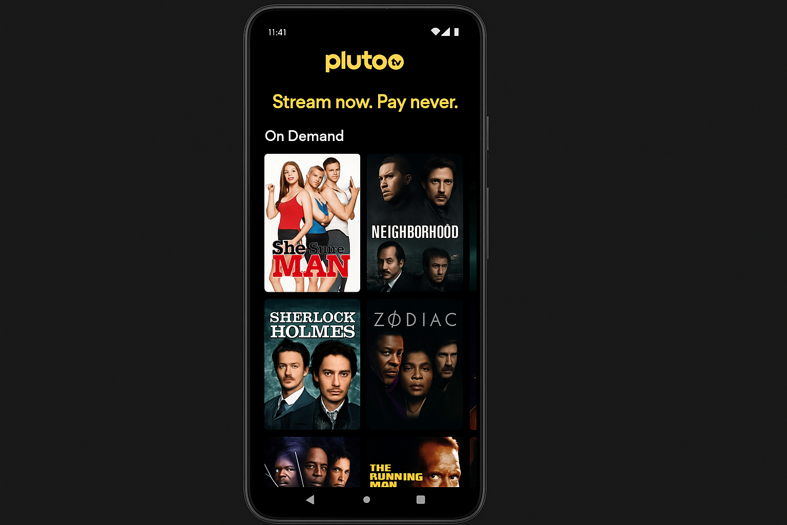 Pluto TV app showing on-demand movies section with download options
