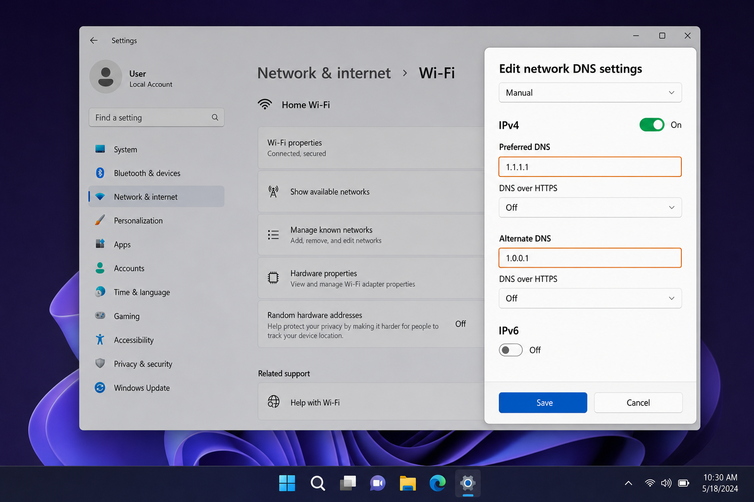 Windows 11 Network settings showing DNS server configuration with Cloudflare addresses 1.1.1.1 and 1.0.0.1