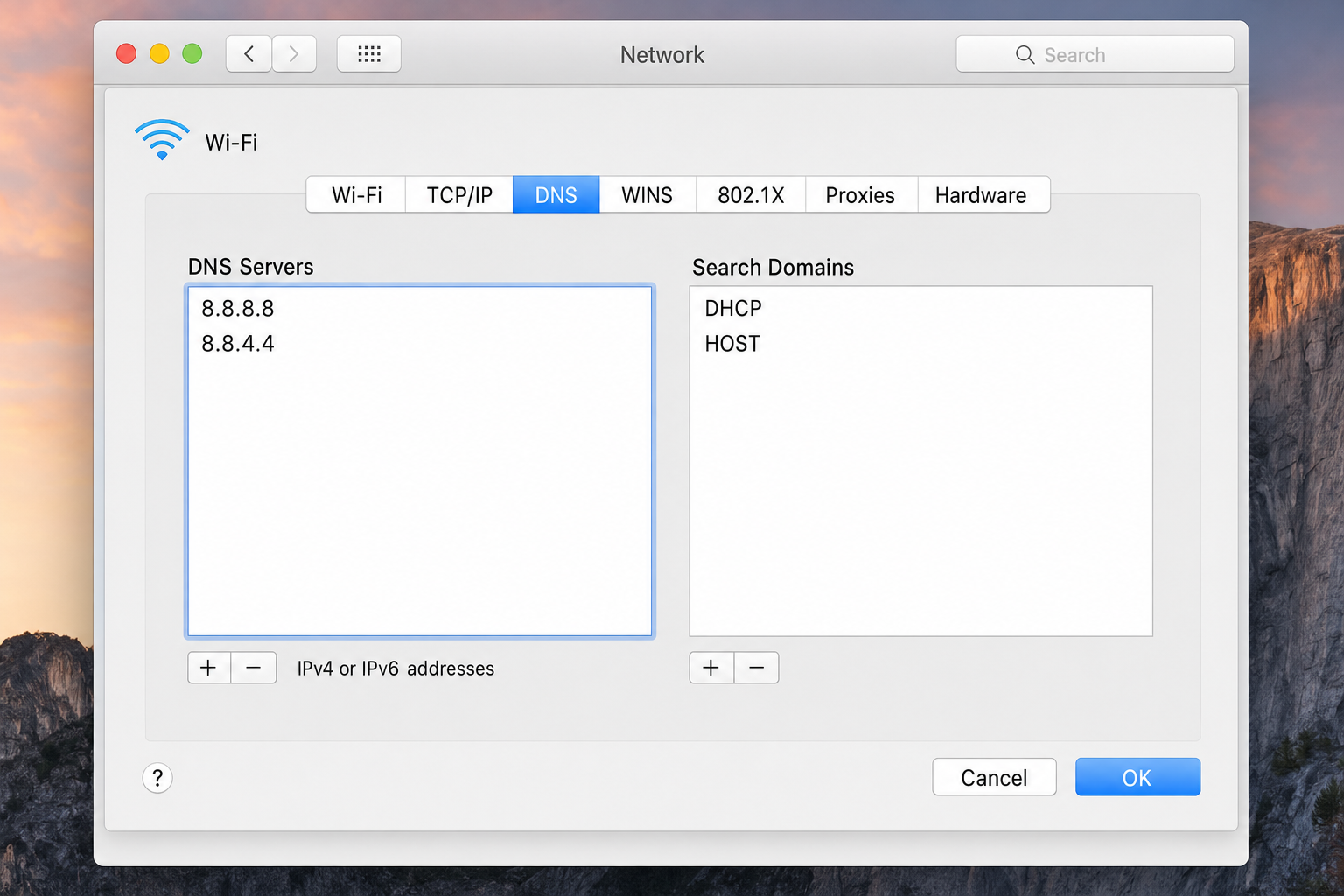 macOS System Settings Network configuration showing Google DNS servers 8.8.8.8 and 8.8.4.4