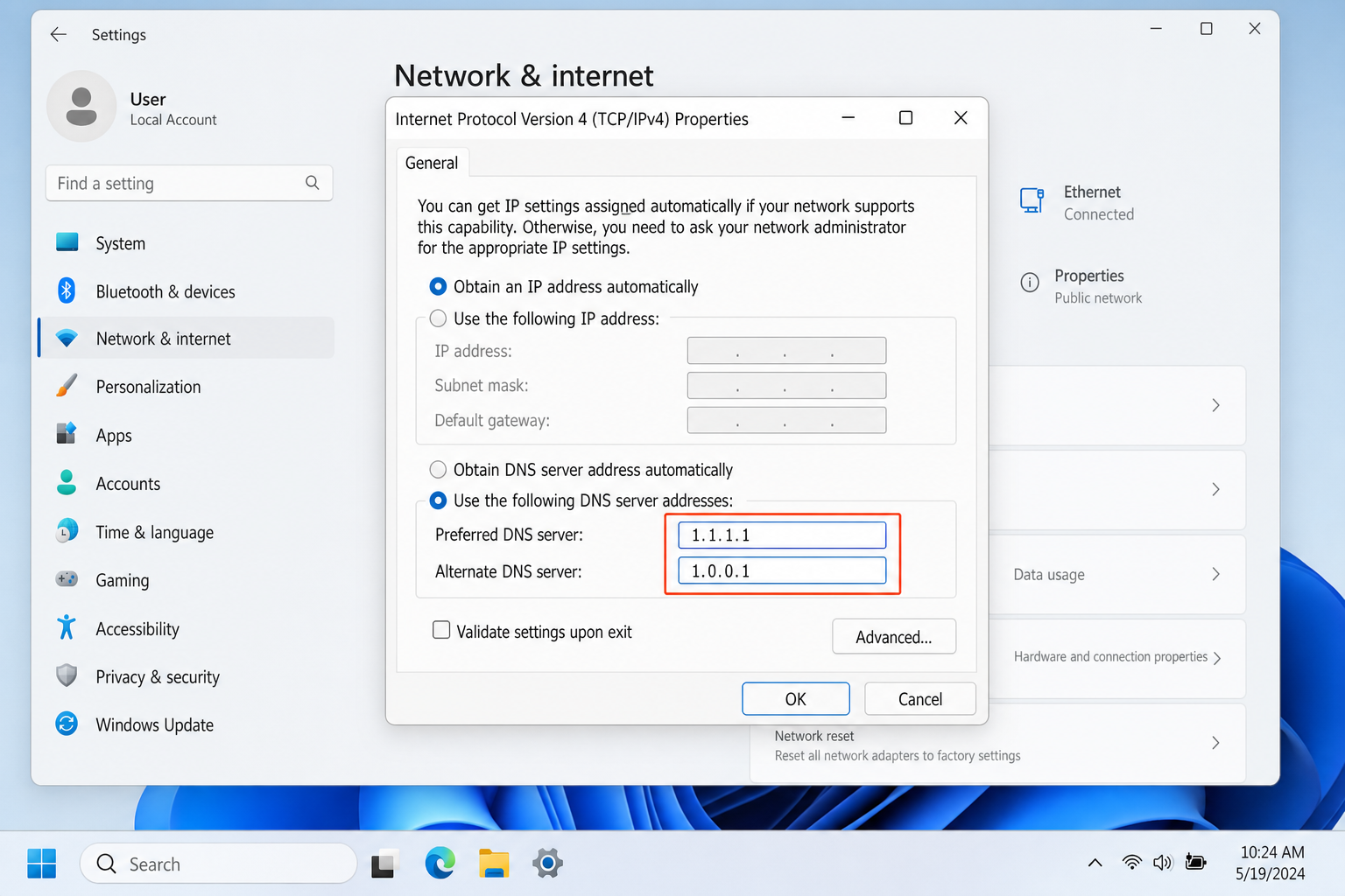 Windows 11 TCP/IPv4 Properties dialog with DNS server fields highlighted and Cloudflare addresses entered