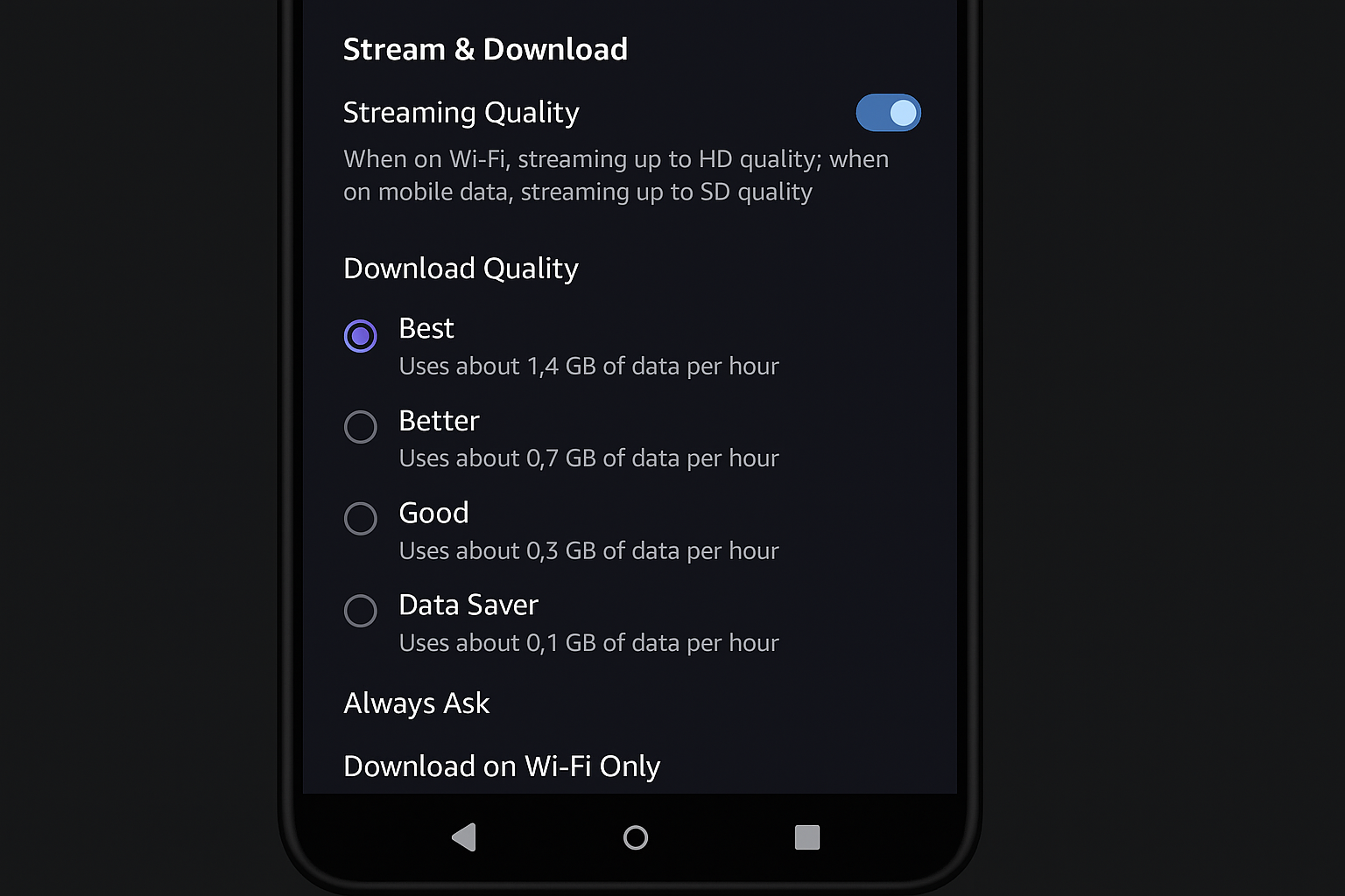Amazon Prime Video app showing download quality settings and offline content management