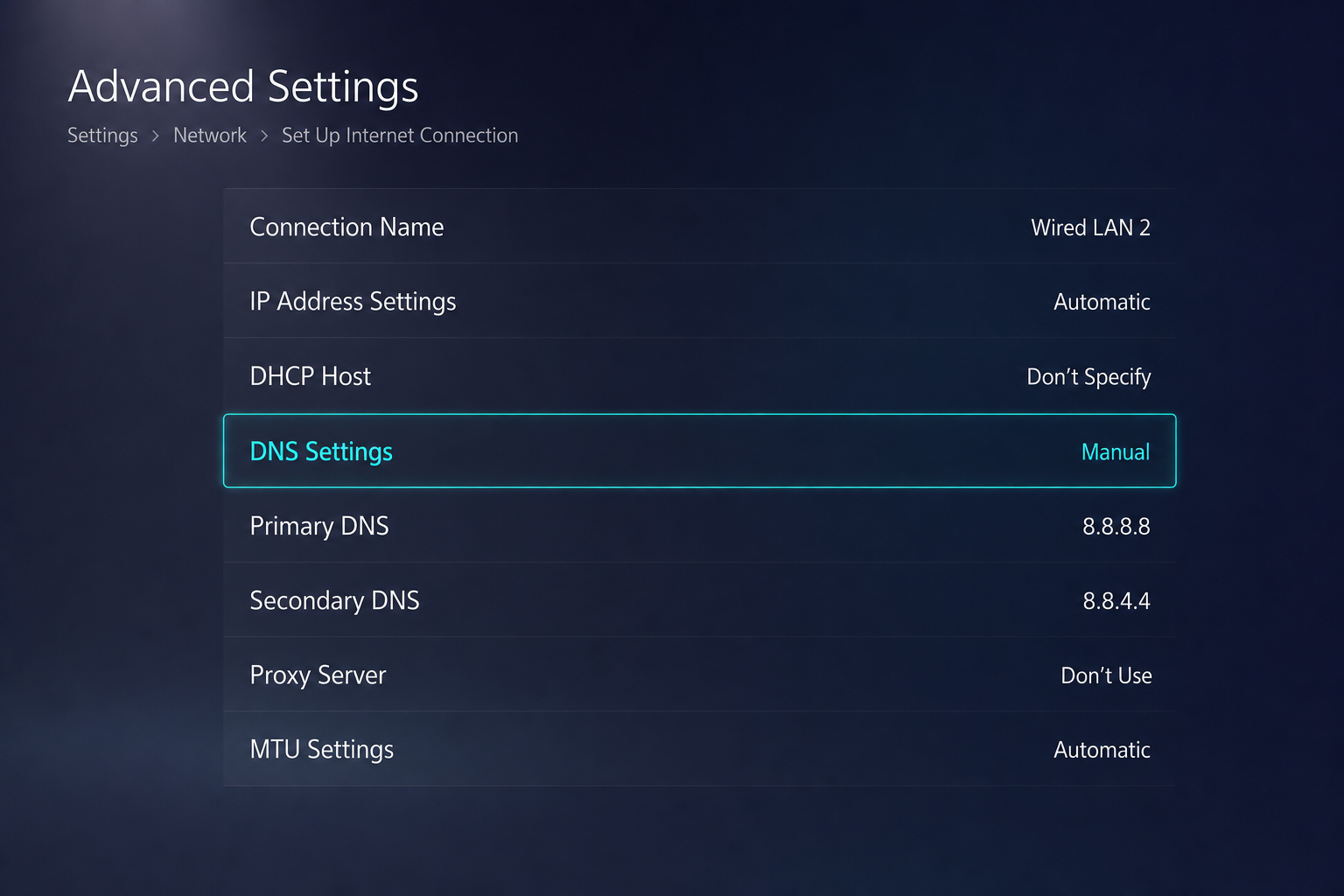 PlayStation 5 Network settings showing Manual DNS configuration with primary and secondary DNS server fields