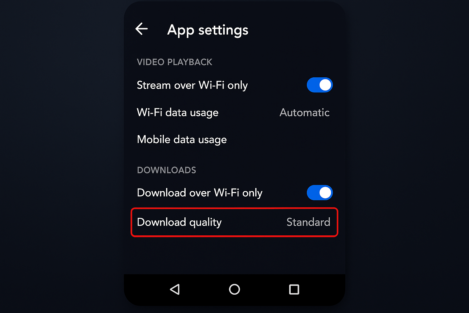 Disney+ app download settings with family profile options and quality selection