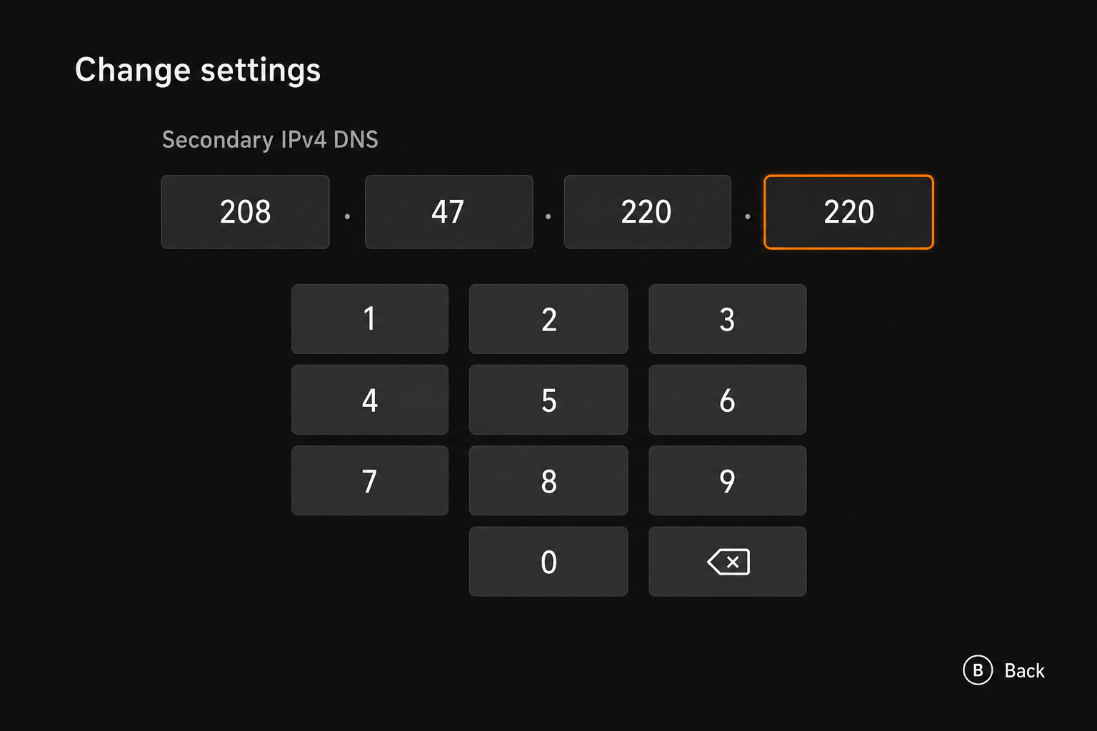 Xbox Series X/S Advanced network settings showing Manual DNS configuration with primary and secondary DNS server fields