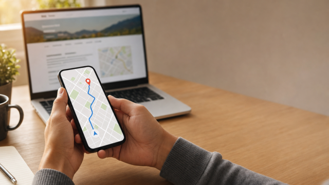 Person holding a smartphone showing a map with a blue route and red destination pin on a desk with a laptop in the background, suggesting navigation. - add-google-maps-driving-directions-to-your-website-featured