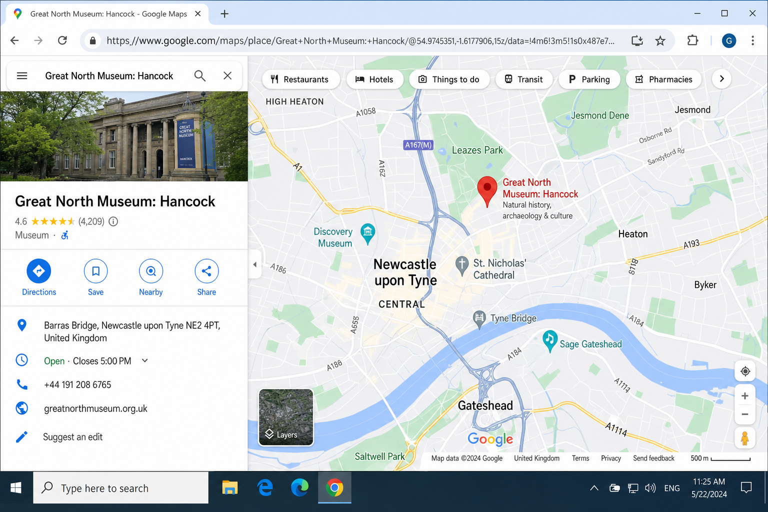 Google Maps website with a destination address searched and the location pin visible on the map