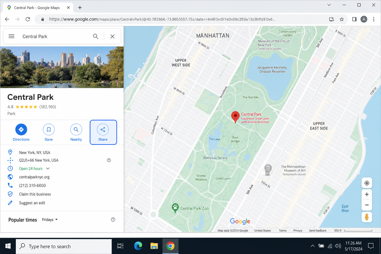 Google Maps left panel showing a place with the Share button highlighted