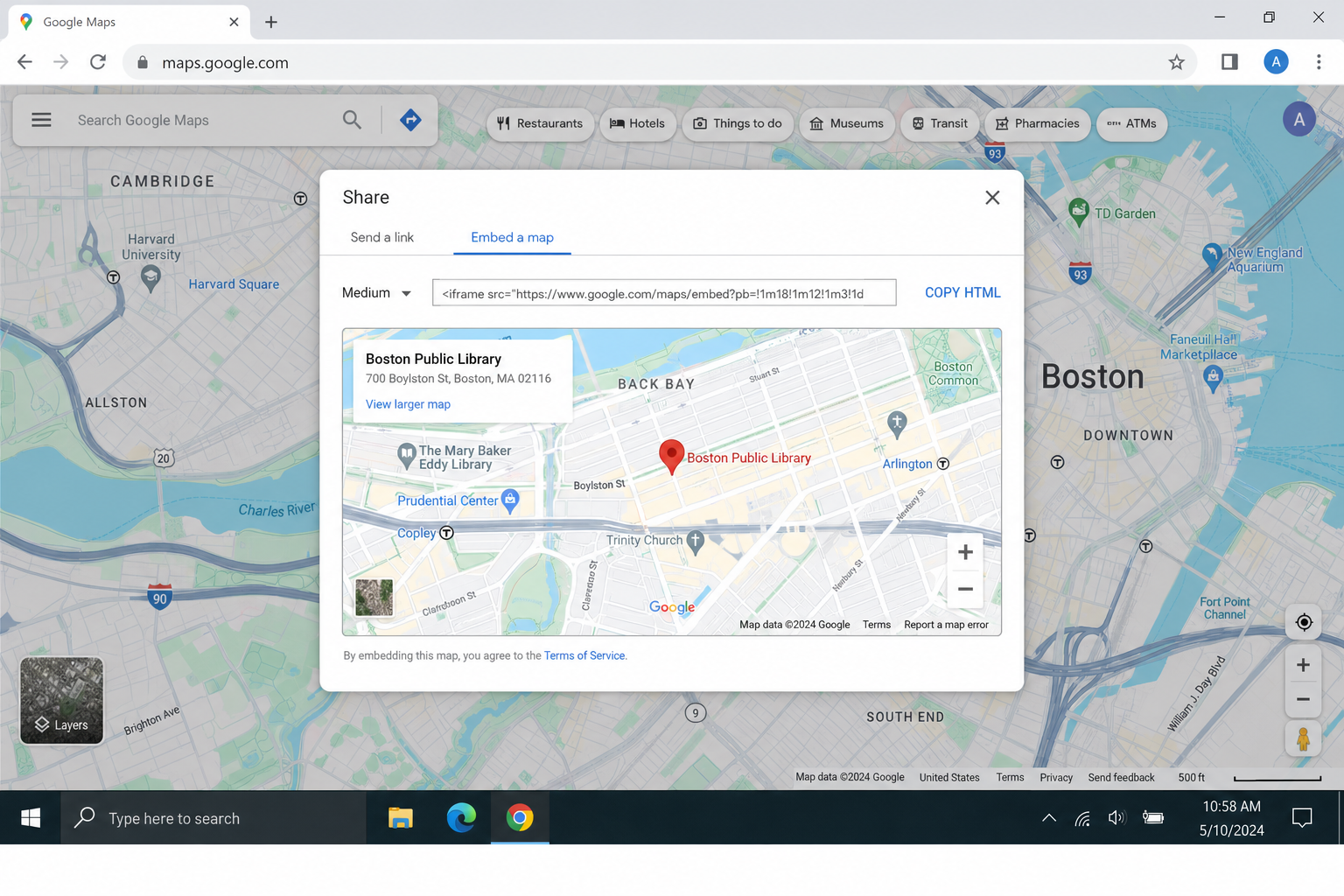 Google Maps Share dialog with the Embed a map tab selected, showing iframe preview and size dropdown