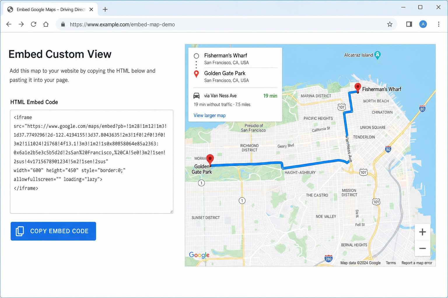 Google Maps embed iframe code displayed on a webpage, showing the map rendered inside the iframe