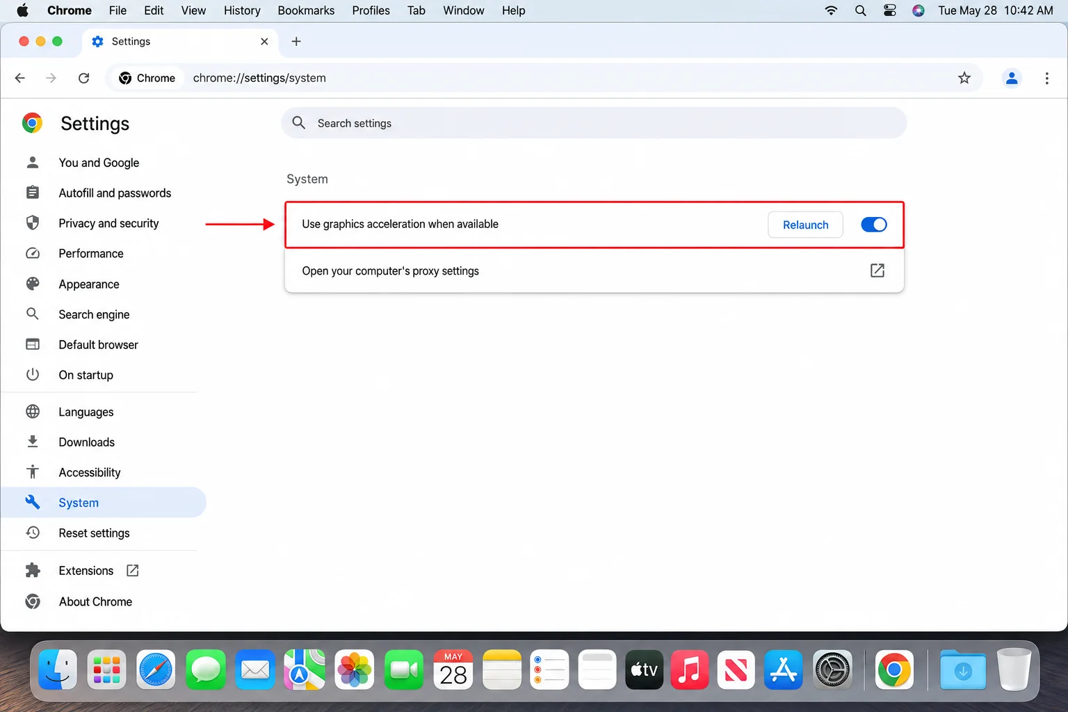 Chrome Settings System page with the Use hardware acceleration when available toggle highlighted, showing the Relaunch button that appears after toggling the setting