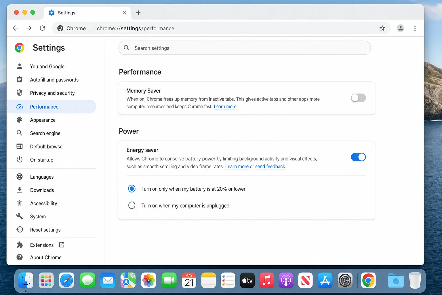 Chrome Settings Performance page with Energy Saver toggle switched on and its description showing the option to activate when on battery or always