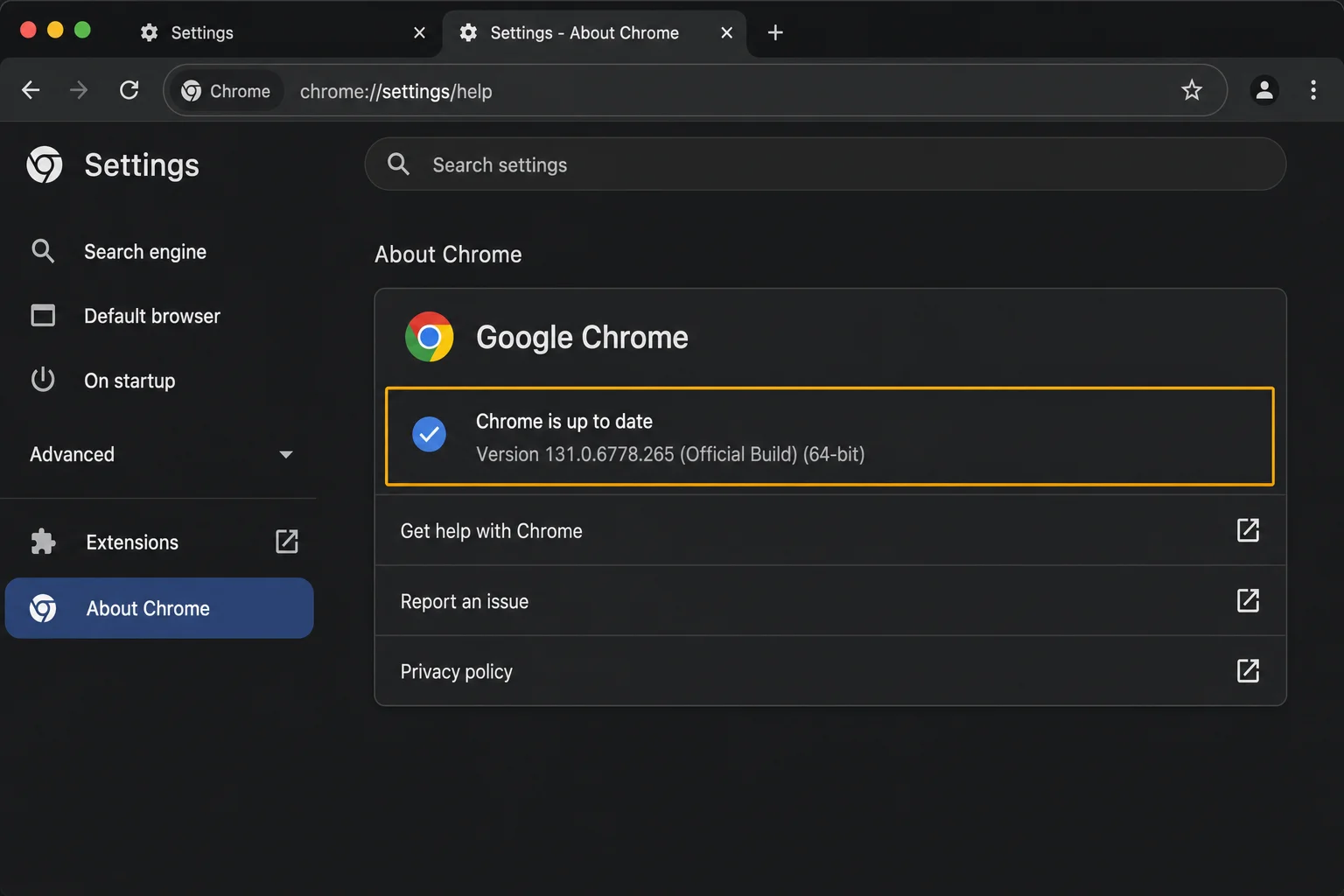 Chrome About page at chrome://settings/help showing the current version number and Chrome is up to date status message