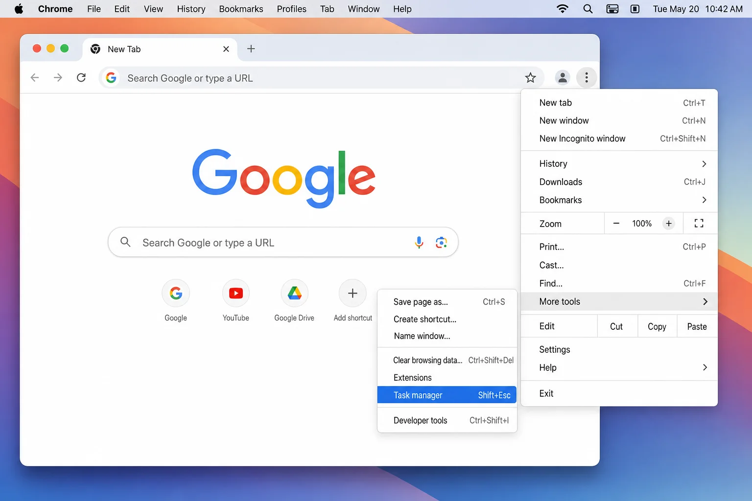 Chrome three-dot overflow menu open with More Tools submenu expanded, showing Task Manager as a clickable option