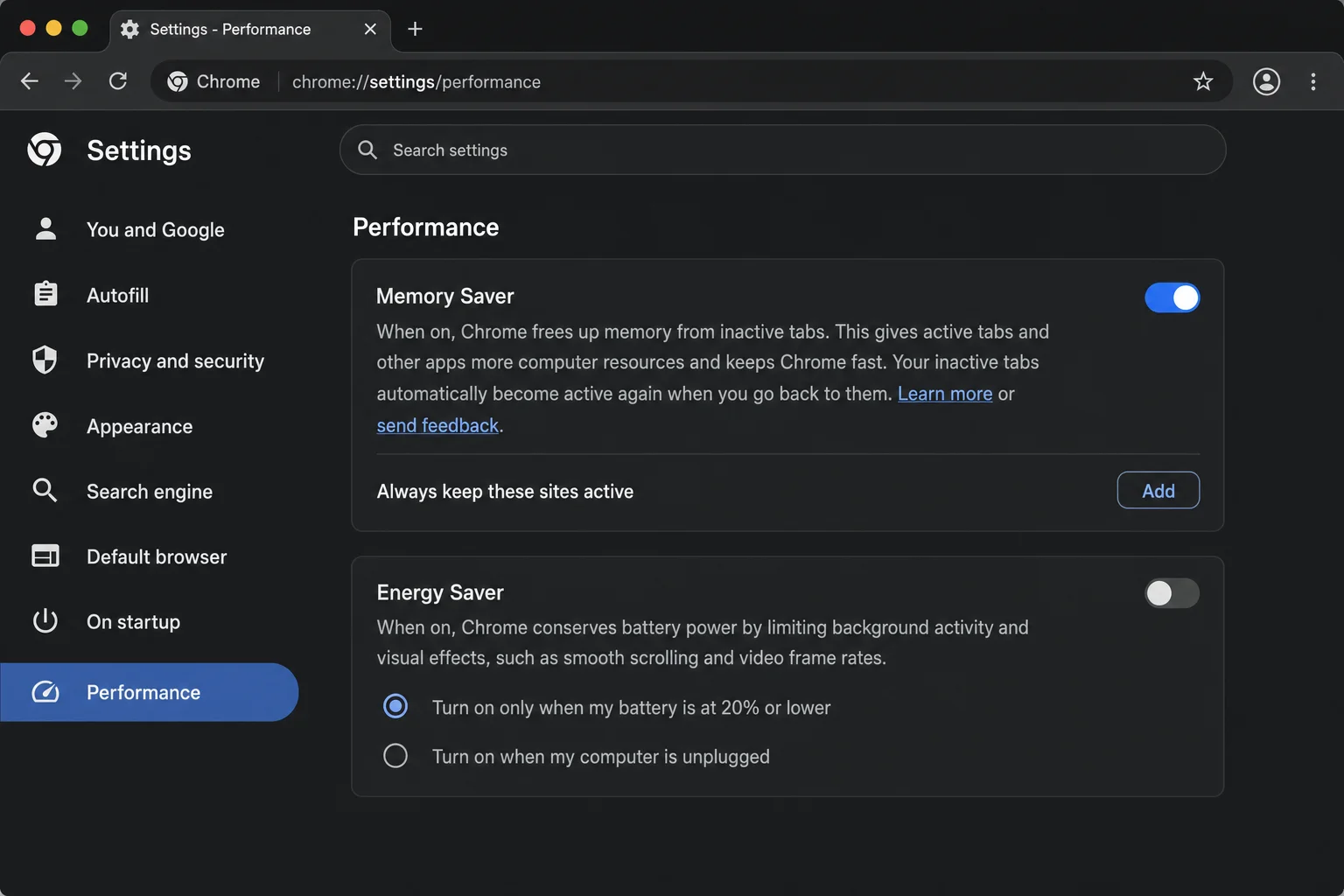 Chrome Settings Performance page showing the Memory Saver toggle switched on and Energy Saver toggle, with their descriptions visible below each control