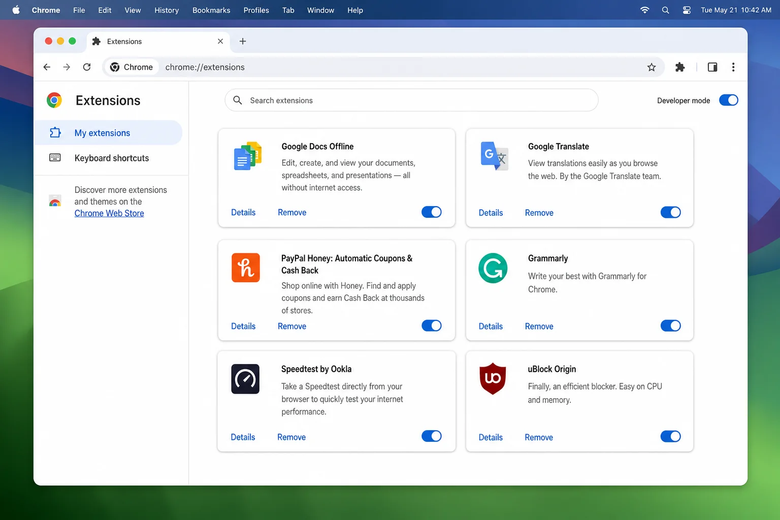Chrome Extensions management page at chrome://extensions showing a list of installed extensions with blue toggle switches and Remove buttons visible for each