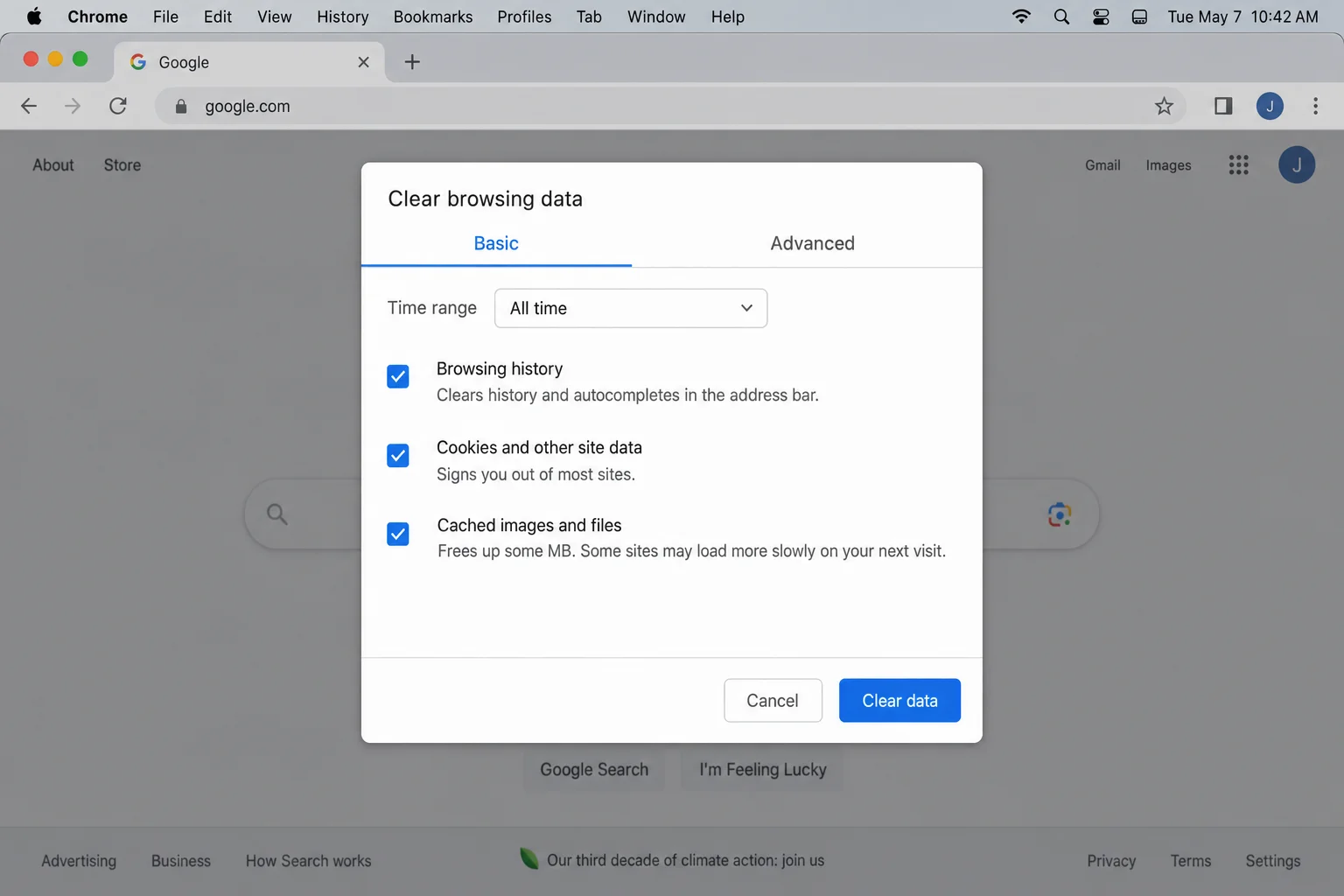 Chrome Clear browsing data dialog showing the Basic tab with Cached images and files checkbox checked and the time range dropdown set to All time