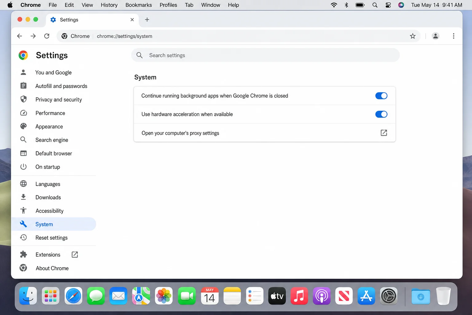 Chrome Settings System page showing the Use hardware acceleration when available toggle and Continue running background apps when Google Chrome is closed toggle