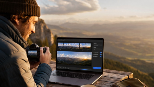 Outdoor photographer in a brown beanie edits panoramas on a laptop at a wooden table with a mountain landscape in view—sunset light behind him. - create-panorama-featured
