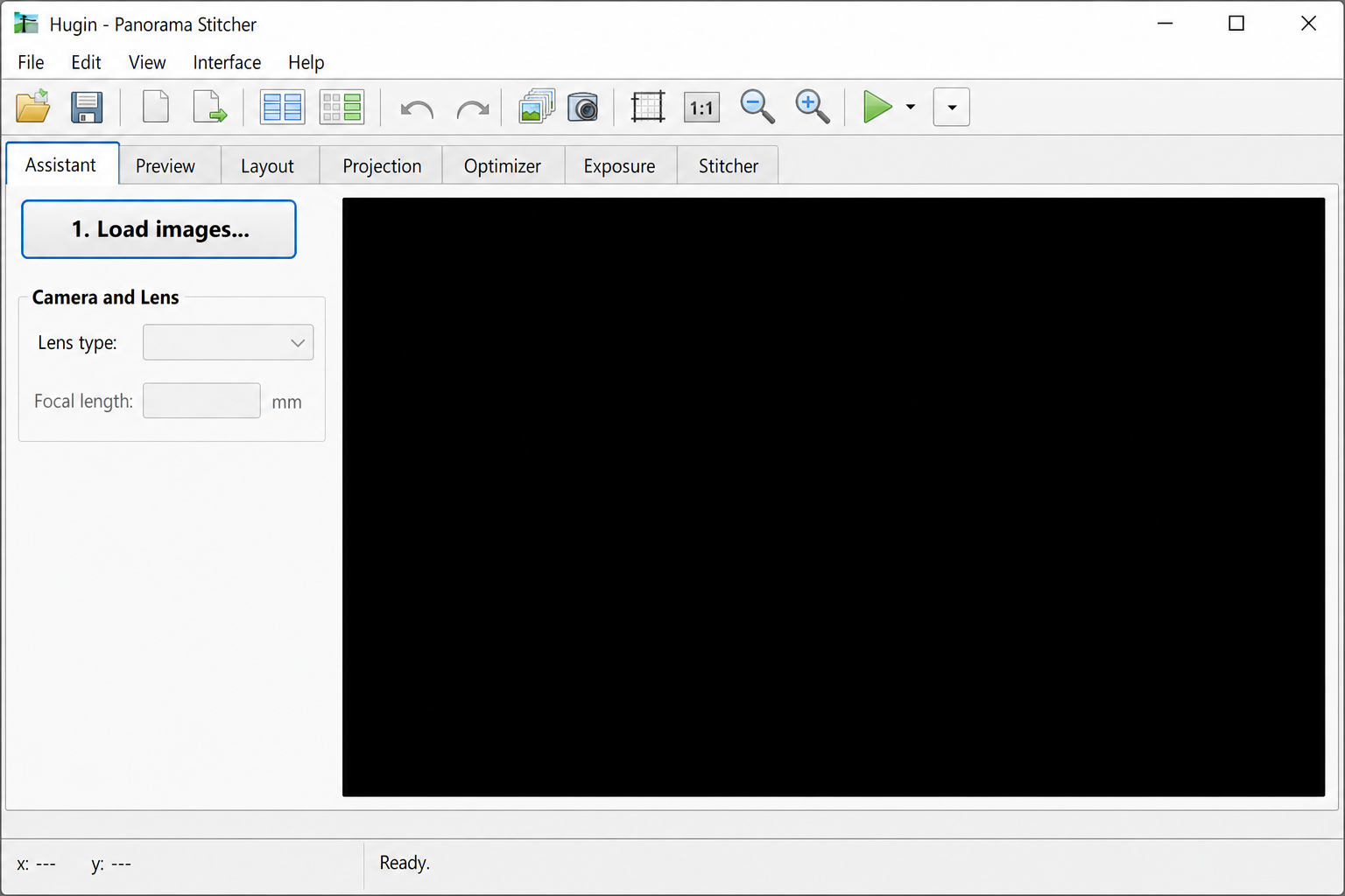 Hugin Assistant tab with "Load images" button highlighted, before any images are loaded