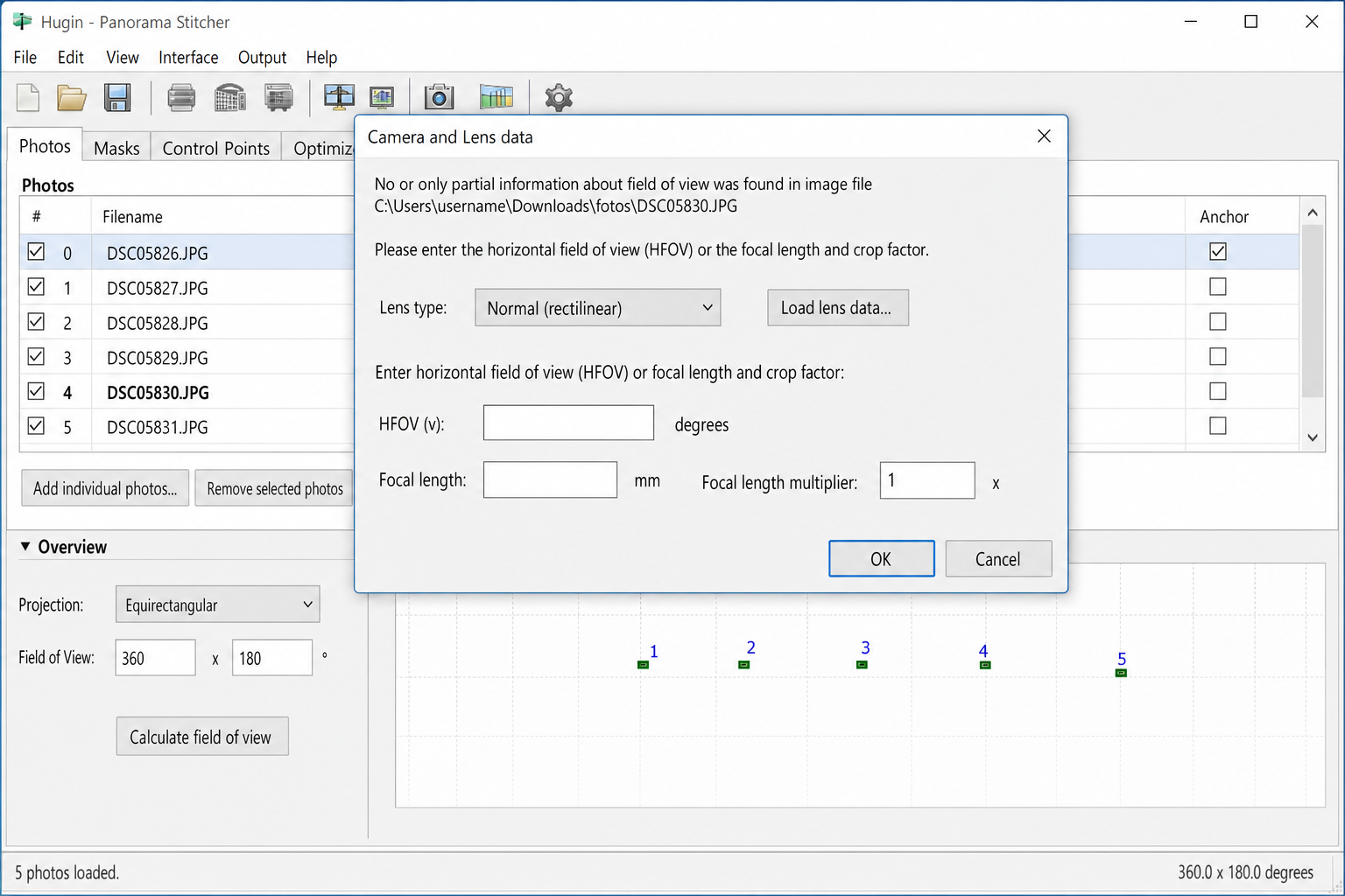 Hugin dialog asking for lens focal length and field of view when EXIF data is missing