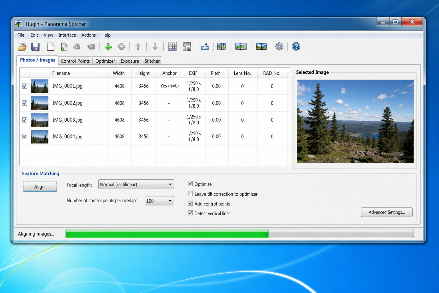 Hugin processing alignment with progress bar visible and images loaded in the panel