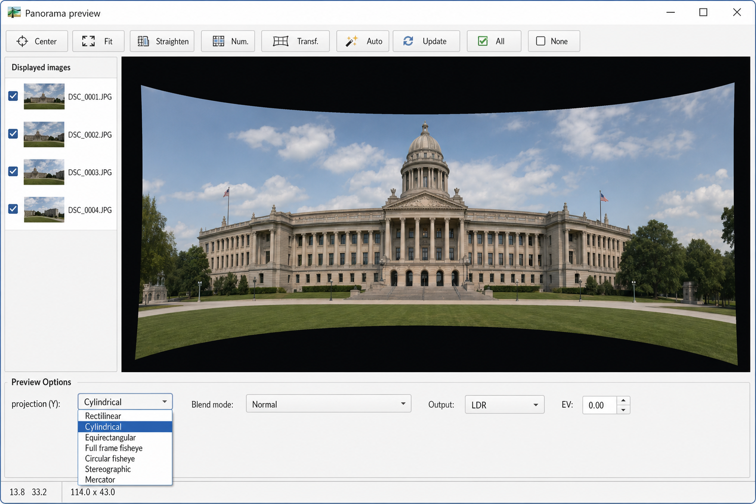 Hugin panorama preview window showing projection dropdown menu with Cylindrical selected