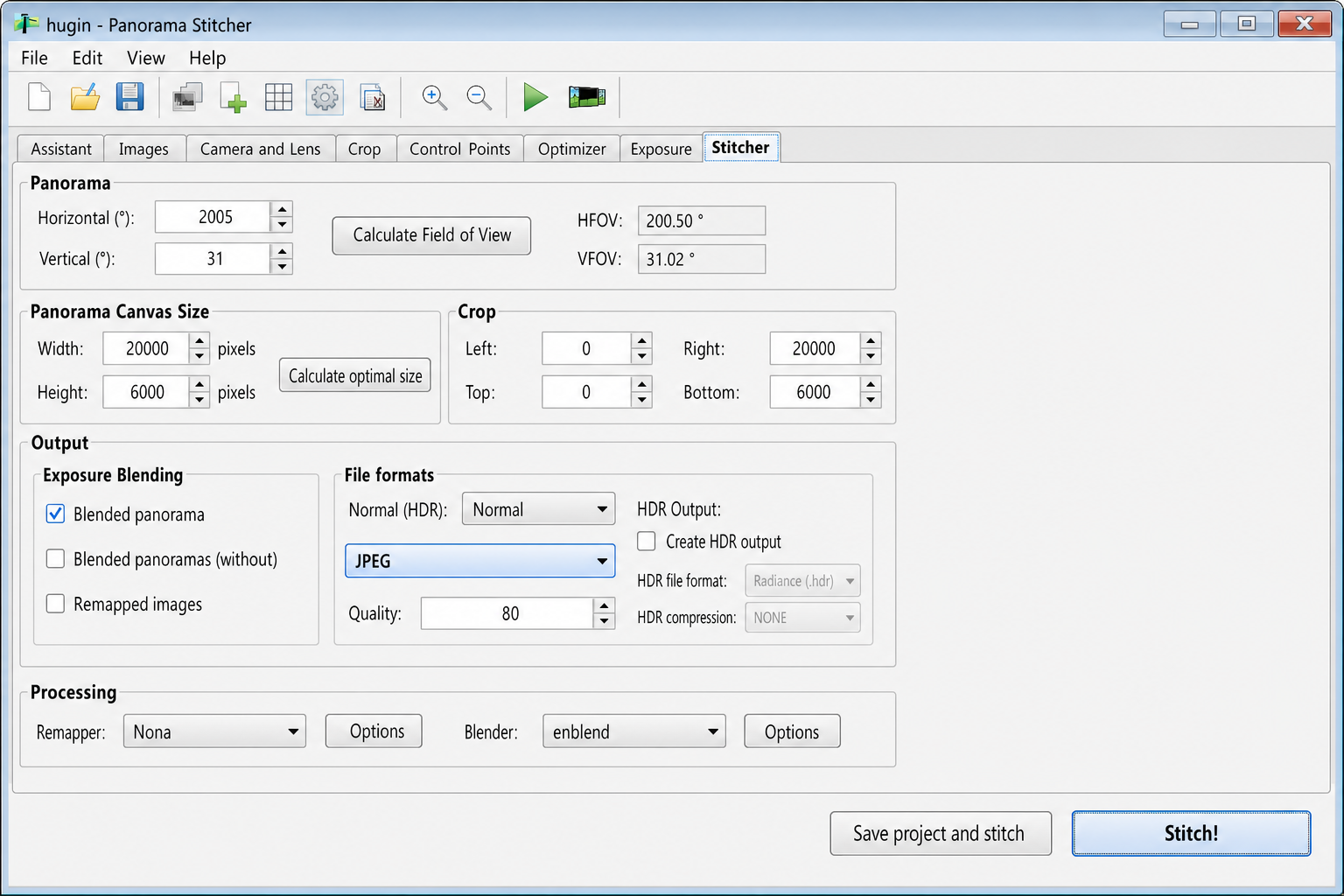 Hugin Stitcher tab with output format set to JPEG, resolution options visible, and Stitch button highlighted