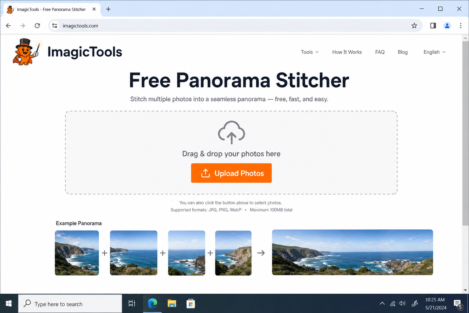 ImagicTools free panorama stitcher homepage with upload areas visible