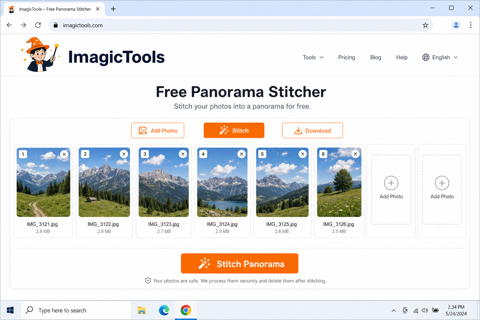 ImagicTools panorama stitcher with multiple photos loaded into upload slots