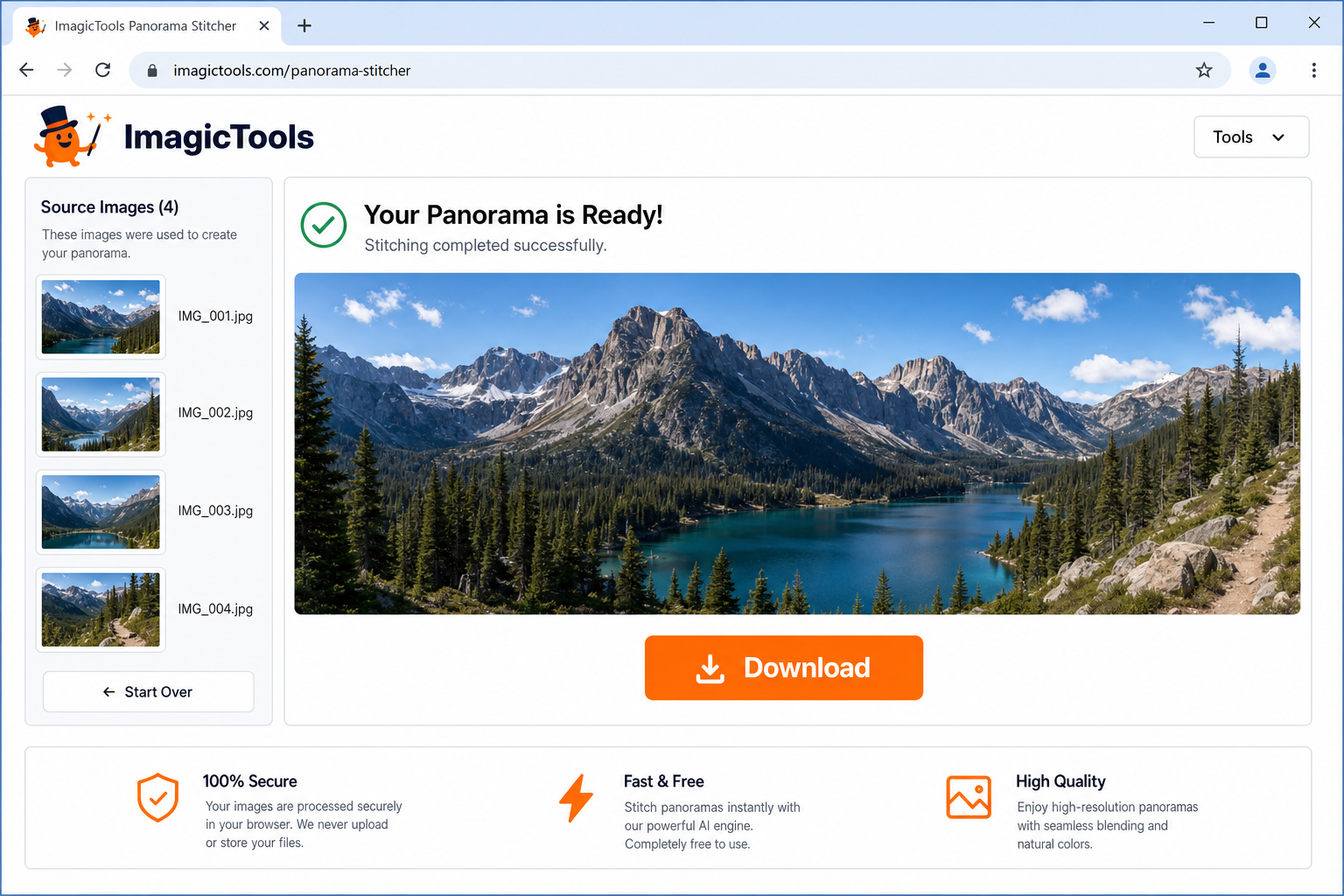 ImagicTools panorama stitcher showing completed panorama result with download button