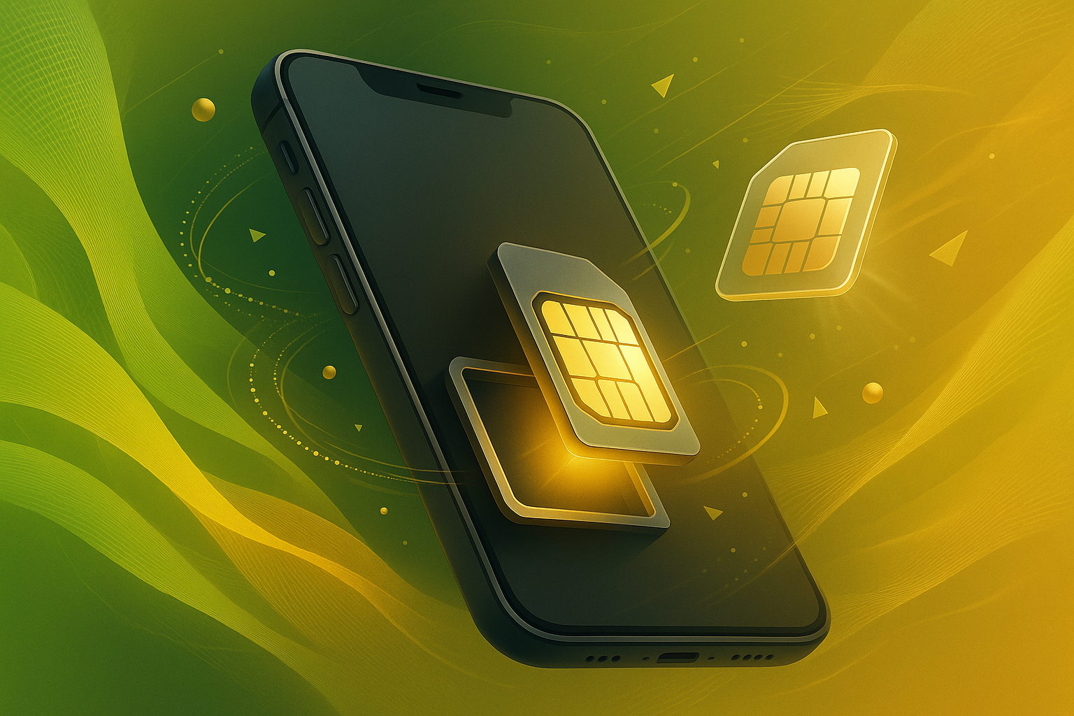 Smartphone with a gold SIM card module popping out, surrounded by glowing geometric shapes in a green-yellow gradient background - featured-1